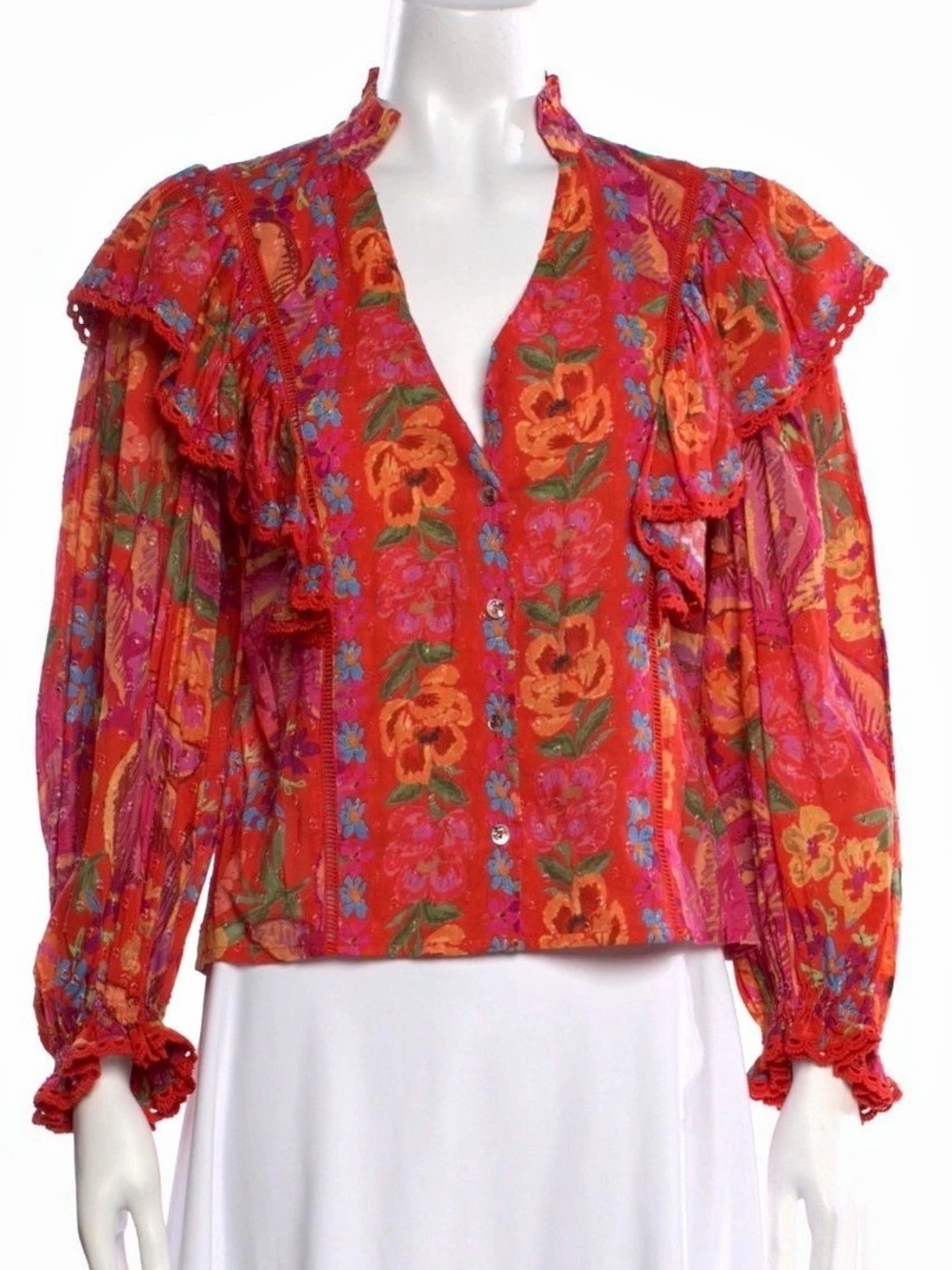 FARM Rio Red Spring Bananas Ruffled Blouse with Crochet Trim size XS boho luxury